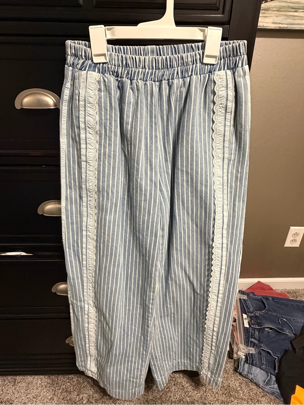 Light Blue & White Striped Elastic Waist Wide Leg Pants